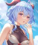  1girl adapted_costume ahoge anbe_yoshirou black_swimsuit blue_sky blush breasts cloud cloudy_sky commentary eyelashes ganyu_(genshin_impact) genshin_impact goat_horns hair_between_eyes hand_to_own_mouth highres horns light_blue_hair long_hair looking_at_viewer medium_breasts one-piece_swimsuit open_mouth ponytail purple_eyes sky solo swimsuit upper_body wet 