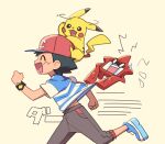  1boy ame_(ame025) ash_ketchum bangs baseball_cap black_hair blue_footwear bracelet brown_pants closed_eyes commentary_request flying_sweatdrops from_side gen_1_pokemon gen_4_pokemon hat jewelry male_focus motion_lines on_head open_mouth pants pikachu pokemon pokemon_(anime) pokemon_(creature) pokemon_on_head pokemon_sm_(anime) red_headwear rotom rotom_dex running shirt shoes short_hair short_sleeves smile striped striped_shirt t-shirt tongue z-ring |d 