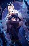  1girl bangs blue_eyes braid breasts crown dress fate/grand_order fate_(series) french_braid highres large_breasts long_hair looking_at_viewer morgan_le_fay_(fate) rimuu silver_hair sitting thighs very_long_hair 