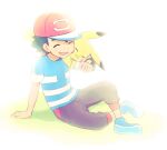  1boy ame_(ame025) arm_support ash_ketchum bangs baseball_cap blue_footwear blue_shirt blurry bracelet brown_pants closed_eyes commentary_request gen_1_pokemon green_hair hat jewelry male_focus on_shoulder open_mouth pants pikachu pokemon pokemon_(anime) pokemon_(creature) pokemon_on_shoulder pokemon_sm_(anime) red_headwear shirt shoes short_hair short_sleeves sitting smile striped striped_shirt tongue z-ring |d 