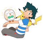  1boy ame_(ame025) ash_ketchum bangs blue_shirt brown_eyes closed_mouth commentary_request gen_1_pokemon gen_7_pokemon green_hair grey_pants looking_at_viewer male_focus pants pikachu pokemon pokemon_(anime) pokemon_(creature) pokemon_on_arm pokemon_sm_(anime) rowlet shirt short_hair short_sleeves sitting smile starter_pokemon striped striped_shirt t-shirt white_background 