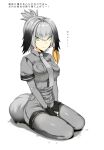  1girl arms_at_sides black_gloves breasts closed_mouth collared_jacket eyebrows_visible_through_hair fingerless_gloves folded_ponytail gloves green_eyes grey_hair grey_jacket grey_legwear grey_nails grey_shorts high-waist_shorts jacket jitome kemono_friends kojima_saya large_breasts looking_at_viewer necktie open_mouth pantyhose sanpaku seiza shoebill_(kemono_friends) short_shorts shorts side_ponytail simple_background sitting solo tail white_background wing_collar 