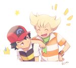 2boys ame_(ame025) ash_ketchum bangs barry_(pokemon) baseball_cap blonde_hair blush brown_eyes closed_eyes closed_mouth commentary_request green_scarf hat jacket male_focus multiple_boys open_mouth pokemon pokemon_(anime) pokemon_dppt_(anime) poketch red_headwear scarf shirt short_hair short_sleeves smile star_(symbol) striped_jacket sweatdrop tongue translation_request watch white_shirt wristwatch |d 