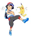  1boy :3 ? ame_(ame025) ash_ketchum backpack bag bangs baseball_cap black_hair blue_footwear commentary_request full_body gen_1_pokemon grey_pants hat male_focus pants pikachu pokemon pokemon_(anime) pokemon_(creature) pokemon_sm_(anime) pose red_headwear shirt shoes short_hair short_sleeves simple_background sparkle spoken_question_mark striped striped_shirt white_background z-ring 