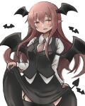  1girl :d aoiyamagi4 bat bat_wings black_skirt blush breasts cowboy_shot demon_tail garter_straps head_wings koakuma long_hair medium_breasts necktie open_mouth pointy_ears red_eyes red_hair simple_background skirt smile solo tail thighhighs touhou very_long_hair vest white_background wings 