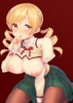  1girl blonde_hair blush breasts breasts_outside brown_legwear drill_hair green_skirt hand_to_own_mouth hand_up juliet_sleeves kazabuki_poni large_breasts long_hair long_sleeves looking_at_viewer mahou_shoujo_madoka_magica nipples pantyhose parted_lips puffy_sleeves red_background seiza sitting skirt solo swimsuit tomoe_mami twin_drills twintails yellow_eyes 