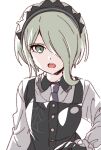  1girl black_gloves danganronpa_(series) danganronpa_v3:_killing_harmony dress gloves green_eyes hair_over_one_eye highres looking_at_viewer maid_headdress namori short_hair silver_hair simple_background solo toujou_kirumi white_background 