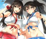  2girls akagi_(kancolle) asymmetrical_docking black_hair blue_gloves breast_press breasts brown_eyes cleavage crop_top earrings fingerless_gloves from_below gloves huge_breasts jewelry kaga_(kancolle) kantai_collection kojima_saya long_hair looking_at_viewer midriff multiple_girls navel open_mouth parasol race_queen red_gloves shirt side_ponytail single_glove skindentation skirt sleeveless sleeveless_shirt smile umbrella underboob undersized_clothes very_long_hair 