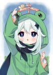  1girl animal_hood arm_up bangs blue_eyes blush commentary_request drawstring dress eyebrows_visible_through_hair frog_hood frog_raincoat genshin_impact green_jacket hair_between_eyes halo hood hood_up hooded_jacket jacket long_sleeves paimon_(genshin_impact) parted_lips pointing rain silver_hair snail solo upper_body v-shaped_eyebrows white_dress wide_sleeves yamabukiiro 