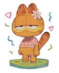  1boy animal_crossing animal_ears artist_name black_eyes cat_boy cat_ears cat_tail english_commentary flower furry garfield garfield_(character) half-closed_eyes heart iniro parody pink_shirt shirt smile solo standing style_parody tail triangle white_background white_flower 