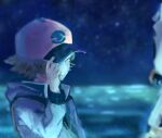  2boys baseball_cap blue_jacket blurry brown_hair closed_eyes commentary_request hand_on_headwear hand_up hat highres hilbert_(pokemon) hood hooded_jacket jacket long_sleeves male_focus multiple_boys n_(pokemon) night outdoors poke_ball_print pokemon pokemon_(game) pokemon_bw short_hair sky smile solo_focus star_(sky) tearing_up tftf649e upper_body 