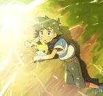  1boy ame_(ame025) ash_ketchum bangs blue_footwear brown_eyes clenched_hand electricity from_above gen_1_pokemon glowing grass green_hair looking_up male_focus outdoors pants pikachu pokemon pokemon_(anime) pokemon_sm_(anime) shirt shoes short_hair short_sleeves striped striped_shirt sweatdrop t-shirt z-ring 