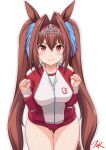  1girl animal_ears breasts brown_hair buruma clenched_hand commentary_request daiwa_scarlet_(umamusume) gym_uniform hair_intakes highres horse_ears horse_girl horse_tail jacket large_breasts leaning_forward long_hair red_buruma red_eyes simple_background solo t2r tail thigh_gap tiara track_jacket twintails umamusume very_long_hair white_background 