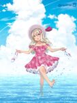  15citron 1girl alternate_costume barefoot blonde_hair blue_sky cloud commentary_request condensation_trail day dress frilled_dress frills grecale_(kancolle) green_eyes hair_ornament hairclip hat highres horizon kantai_collection long_hair ocean outdoors pink_dress shoes_removed sky solo sun_hat wading water wavy_hair white_headwear 