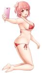  1girl absurdres ass bangs barefoot bikini breasts butt_crack cellphone cleavage commentary eyebrows_visible_through_hair from_side full_body halterneck highres holding holding_phone inanaki_shiki kneeling large_breasts looking_at_viewer lowleg lowleg_bikini open_mouth phone pink_bikini pink_eyes pink_hair selfie short_hair side-tie_bikini side_bun simple_background smartphone smile solo swimsuit white_background yahari_ore_no_seishun_lovecome_wa_machigatteiru. yuigahama_yui 
