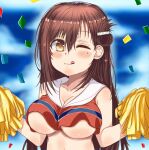  1girl belly breasts brown_hair cheering cheerleader cleavage gakkou_gurashi! long_hair pom_pom_(cheerleading) red_shirt seductive_smile shirt sky smile solo stomach tongue underboob very_long_hair wakasa_yuuri 