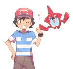  1boy ame_(ame025) ash_ketchum bangs baseball_cap black_hair blue_shirt brown_eyes brown_pants clenched_hand commentary_request fist_bump gen_4_pokemon grin hand_on_hip hand_up hat male_focus one_eye_closed pants pokemon pokemon_(anime) pokemon_(creature) pokemon_sm_(anime) red_headwear rotom rotom_dex shirt short_hair short_sleeves sideways_glance simple_background smile striped striped_shirt teeth white_background z-ring 
