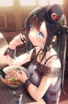  1girl absurdres amamami_prime bangs black_hair black_headwear black_shirt blue_eyes blunt_bangs blurry blurry_background blush bow bowl choker chopsticks collarbone commentary_request earrings eating food genshin_impact glass hair_ribbon hat highres holding holding_chopsticks indoors jewelry long_hair looking_at_viewer mona_megistus necklace noodles nori_(seaweed) ramen ribbon shirt sidelocks sitting solo spring_onion star_(symbol) star_earrings star_necklace table wrist_cuffs 