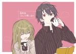  1boy 1girl :d bangs black_hair black_shirt blush book cecilia_(shiro_seijo_to_kuro_bokushi) closed_eyes collared_shirt cup dress_shirt eyebrows_visible_through_hair green_hair grey_sweater hair_between_eyes holding holding_cup kazutake_hazano lawrence_(shiro_seijo_to_kuro_bokushi) mug open_book open_mouth pink_background red_eyes shiro_seijo_to_kuro_bokushi shirt smile striped striped_shirt sweater translation_request two-tone_background upper_body vertical-striped_shirt vertical_stripes white_background 