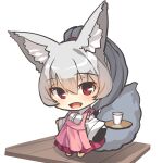  1girl :d animal_ear_fluff animal_ears apron blush chibi collared_shirt commentary_request cup dress_shirt drinking_glass fox_ears fox_girl fox_tail frilled_apron frills full_body grey_hair holding holding_tray long_hair long_sleeves looking_at_viewer open_mouth original pink_apron pleated_skirt ponytail red_eyes red_skirt shirt simple_background skirt smile solo standing tail tray white_background white_shirt wide_sleeves yuuji_(yukimimi) 