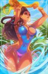  1girl armpits arms_up ass_visible_through_thighs asymmetrical_hair bangle black_hair blue_swimsuit bracelet brazilian breasts brown_eyes cleavage cornrows dark_skin edwin_huang english_commentary highres jersey jewelry large_breasts laura_matsuda long_hair multicolored multicolored_clothes multicolored_swimsuit official_alternate_costume pink_lips pink_swimsuit shirt_removed side-tie_swimsuit slender_waist solo sportswear strap_gap street_fighter street_fighter_v swimsuit thigh_gap very_dark_skin wading water 