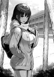  1girl :p bag blush breasts cardigan cleavage condom condom_wrapper cowboy_shot hand_up highres holding holding_condom kojima_saya large_breasts long_sleeves looking_at_viewer original outdoors scarf school school_bag school_yard shoulder_bag smile solo standing tongue tongue_out 