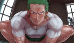  1boy animated bara blush bottomless earrings frown fumio_(snnmfmw) green_hair jewelry lips long_sideburns looking_at_viewer male_focus muscular muscular_male naked_shirt one_piece out-of-frame_censoring pectorals pov reward_available roronoa_zoro shirt short_hair sideburns single_earring solo sweat tight tight_shirt ugoira wet wet_clothes wet_shirt work_in_progress 