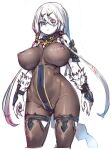  1girl atelier_(series) atelier_ryza atelier_ryza_2 bangs blue_eyes bodystocking breasts cameltoe closed_mouth colored_skin contrapposto copyright_request covered_navel covered_nipples cropped_legs crossed_bangs fingernails hair_between_eyes heterochromia highres kosuke_orz large_breasts lila_decyrus long_hair looking_at_viewer red_eyes sharp_fingernails sidelocks simple_background solo very_long_hair white_background white_hair white_skin 