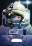  1girl astronaut brown_eyes bubble highres holding kunitarou-art looking_at_viewer original partially_submerged solo space_helmet spacesuit upper_body water 