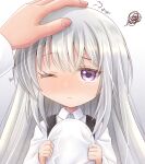  1girl ;( azur_lane bangs blush closed_mouth collared_shirt commander_(azur_lane) commentary_request eyebrows_visible_through_hair hair_between_eyes hat headpat headwear_removed holding holding_clothes holding_hat little_enterprise_(azur_lane) long_hair long_sleeves looking_at_viewer lower_body military_hat mirun_(funimani) nose_blush overall_skirt partial_commentary peaked_cap purple_eyes shirt sidelocks signature silver_hair simple_background solo_focus squiggle standing very_long_hair white_background white_headwear white_shirt 