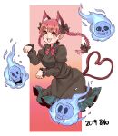  1girl :d animal_ear_fluff animal_ears blush braid breasts cat_ears cat_tail dress green_dress highres hitodama kaenbyou_rin multiple_tails natsushiro nekomata open_mouth papyrus_(undertale) paw_pose red_eyes red_hair sans skull smile solo tail touhou twin_braids twintails two_tails undertale 