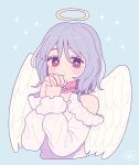  1girl absurdres angel angel_wings blue_background blush bright_pupils choker clothing_cutout feathered_wings grey_hair halo hands_together highres long_sleeves looking_at_viewer medium_hair nokanok original purple_eyes shirt shoulder_cutout signature simple_background solo sparkle white_pupils white_shirt white_wings wings 