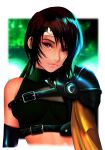  1girl armor brown_eyes brown_hair crop_top final_fantasy final_fantasy_vii final_fantasy_vii_remake head_tilt headband headwear kittymiya pauldrons short_hair shoulder_armor smile strap sweater yuffie_kisaragi 