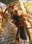  1boy armor arrow_(projectile) bow_(weapon) company_name fire_emblem fire_emblem_cipher gloves holding holding_weapon long_hair looking_at_viewer outdoors ponytail quiver red_hair shinon_(fire_emblem) short_sleeves takaya_tomohide weapon 