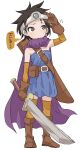  1girl absurdres arm_up belt belt_buckle black_hair blue_dress boots brown_belt brown_eyes brown_footwear brown_gloves brown_legwear buckle circlet closed_mouth commentary dragon_quest dragon_quest_iii dress full_body gloves highres holding holding_sword holding_weapon roto simple_background solo standing strapless strapless_dress sword thighhighs thighhighs_under_boots translated weapon white_background yamamoto_souichirou 
