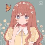  1girl bright_pupils brown_flower brown_hair bug butterfly collared_shirt flower grey_background grey_eyes hair_flower hair_ornament hand_up highres index_finger_raised insect long_hair nokanok orange_butterfly original see-through_sleeves shirt short_sleeves solo white_flower white_pupils yellow_flower yellow_shirt 