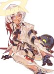  1girl :p ankh_necklace ball_and_chain_restraint bellbottoms between_breasts black_gloves bodysuit breasts colored_inner_hair gloves guilty_gear guilty_gear_xrd halo highres jack-o&#039;_valentine long_hair medium_breasts multicolored_hair no_bra no_mask plunging_neckline red_eyes red_hair sitting solo spiked_anklet tongue tongue_out two-tone_hair wariza white_background white_bodysuit white_hair 