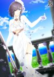  1girl ark_royal_(azur_lane) ark_royal_(pure-white_protector)_(azur_lane) azur_lane balcony bangs black_hair blue_eyes blue_sky breasts bridal_veil cloud commission cowboy_shot day dress dutch_angle english_commentary eyebrows_visible_through_hair eyes eyes_visible_through_hair falling_petals flower framed_breasts from_side gloves grass gun hair_between_eyes hair_flower hair_ornament hair_over_one_eye hat highres holding holding_gun holding_weapon indoors large_breasts long_dress looking_to_the_side lukmanscootkenn mini_hat ocean official_alternate_costume parted_lips petals pillar purple_flower purple_rose qr_code railing rifle rose short_hair side_slit sidelocks skindentation sky smile solo standing thighhighs tilted_headwear veil weapon white_dress white_gloves 