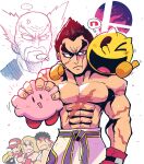  &gt;_o ... 6+boys absurdres anger_vein black_eyes black_gloves black_hair blonde_hair boxing_gloves closed_mouth facial_hair fatal_fury frown gloves hat headband heterochromia highres holding ken_masters kirby kirby_(series) long_hair male_focus mishima_heihachi mishima_kazuya multiple_boys muscular muscular_male mustache one_eye_closed open_mouth pac-man pac-man_(game) rariatto_(ganguri) red_eyes red_gloves ryu_(street_fighter) scar scar_on_arm scar_on_chest shirt shirtless simple_background snk spiked_hair spoken_ellipsis street_fighter super_smash_bros. sweat tekken terry_bogard the_king_of_fighters thick_eyebrows thumbs_up white_background 
