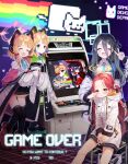  4girls absurdres ansan_ey arisu_(blue_archive) blonde_hair blue_archive blush cat_ear_headphones cheek_pinching closed_eyes commentary english_text game_console hair_between_eyes hair_ornament hair_ribbon headphones highres huge_filesize jacket long_hair looking_at_viewer midori_(blue_archive) momoi_(blue_archive) multiple_girls nyan_cat pinching purple_eyes red_hair ribbon short_hair siblings smile thighhighs twins v very_long_hair yuzu_(blue_archive) 