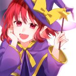  1girl artist_name bangs bow cape dress earrings eyebrows_visible_through_hair hair_between_eyes hand_on_own_face hands_up hat hat_bow heart heart_eyes highres jewelry jill_07km kirisame_marisa kirisame_marisa_(pc-98) long_sleeves looking_at_viewer open_mouth purple_cape purple_dress purple_headwear purple_sleeves red_eyes red_hair short_hair simple_background smile solo star_(symbol) touhou touhou_(pc-98) white_background witch_hat yellow_bow 