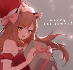  1girl artist_name blurry blurry_background bow_legwear box brown_hair christmas clothes_lift detached_sleeves dress dress_lift fur-trimmed_dress fur_trim gift gift_box green_eyes hair_ornament hair_over_shoulder hair_ribbon hat holding holding_box holding_gift indie_virtual_youtuber juwei juwei_(vtuber) lace-trimmed_legwear lace_trim long_hair looking_at_object low_tied_hair merry_christmas puffy_detached_sleeves puffy_sleeves red_panda_ears red_panda_girl red_panda_tail ribbon santa_costume santa_dress santa_hat single_thighhigh smile snow snowing solo thighhighs virtual_youtuber white_legwear wind wind_lift winter 