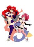  2girls bangs belt black_gloves black_legwear black_shorts breasts cosplay costume_switch demon_tail demon_wings disgaea elbow_gloves etna etna_(cosplay) fingerless_gloves gloves hair_ornament hair_ornament_removed hair_stick hand_up highres large_breasts leg_up multiple_girls navel parted_lips pink_legwear pointy_ears ponytail red_hair shoes shorts signature skindentation small_breasts smile superretroheart tail tengen_toppa_gurren_lagann thighhighs twintails white_belt wings yoko_littner yoko_littner_(cosplay) 
