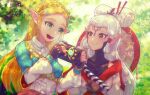  2girls :d black_gloves blonde_hair blue_eyes blue_shirt bodysuit bodysuit_under_clothes chichi_band commentary_request eye_symbol fingerless_gloves forehead_tattoo gloves grey_shirt hair_ornament hair_stick hairclip hyrule_warriors:_age_of_calamity impa long_hair multiple_girls open_mouth pointy_ears princess_zelda red_eyes sheikah sheikah_slate shirt silver_hair smile the_legend_of_zelda the_legend_of_zelda:_breath_of_the_wild upper_body 