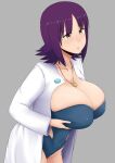  1girl black_eyes breast_lift breasts cleavage collarbone eyebrows_visible_through_hair grey_background highres huge_breasts labcoat long_sleeves nao_(ritsancrossover) one-piece_swimsuit philena_ivy pokemon pokemon_(anime) purple_hair ring_necklace short_hair swimsuit 