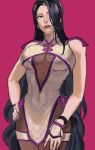  1girl absurdres black_hair bodystocking breasts china_dress chinese_clothes dress hair_over_one_eye hanny_(uirusu_chan) highres large_breasts lips long_hair luong no_bra nose parted_lips pink_background purple_eyes purple_lips see-through solo standing the_king_of_fighters the_king_of_fighters_xv very_long_hair 