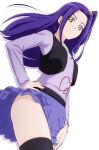  1girl black_legwear fuchi_(nightmare) hair_ornament hair_scrunchie hand_on_hip highres kurokawa_eren long_hair long_sleeves looking_at_viewer one_side_up precure purple_hair purple_shirt purple_skirt scrunchie shirt simple_background skirt smile solo suite_precure thighhighs thighs white_background yellow_eyes yellow_scrunchie 