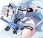  1girl absurdres ahoge amatsuka_uto animal_ears artist_name assault_rifle blue_eyes cat_ears commentary deal_with_it dress explosive fingerless_gloves gloves grenade grenade_pin gun highres holding holding_gun holding_weapon indie_virtual_youtuber jacket rifle silver_hair skai_kun sunglasses tagme thigh_strap trigger_discipline twintails virtual_youtuber weapon 