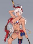  1girl absurdres american_flag_bikini american_flag_legwear anchor animal_ears belt beltskirt bikini blue_eyes caenis_(fate) chain cosplay cowboy_shot dark_skin fate/grand_order fate_(series) flag_print grey_background hair_intakes half-skirt highres im_arthur long_hair miyamoto_musashi_(fate) miyamoto_musashi_(swimsuit_berserker)_(fate) navel polearm print_swimsuit single_thighhigh swimsuit thigh_strap thighhighs two-tone_swimsuit weapon white_hair 