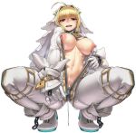  1girl :d ahoge ankle_boots blonde_hair bodysuit boots breasts cum cum_on_body cum_on_breasts cum_on_stomach cumdrip eyebrows_visible_through_hair fate/grand_order fate_(series) flower gloves green_eyes hair_flower hair_intakes hair_ornament high_heel_boots high_heels highres kosuke_orz large_breasts looking_at_viewer navel nero_claudius_(bride)_(fate) nero_claudius_(fate)_(all) nipples open_mouth simple_background smile solo squatting unzipped unzipping upper_teeth veil white_background white_flower white_footwear white_gloves zipper zipper_pull_tab 